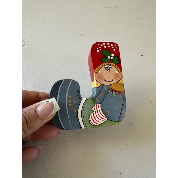 Hand Painted Two Sided Wooden Christmas Theme Decorative Shelf Sitter Letter J - Picture 1 of 2